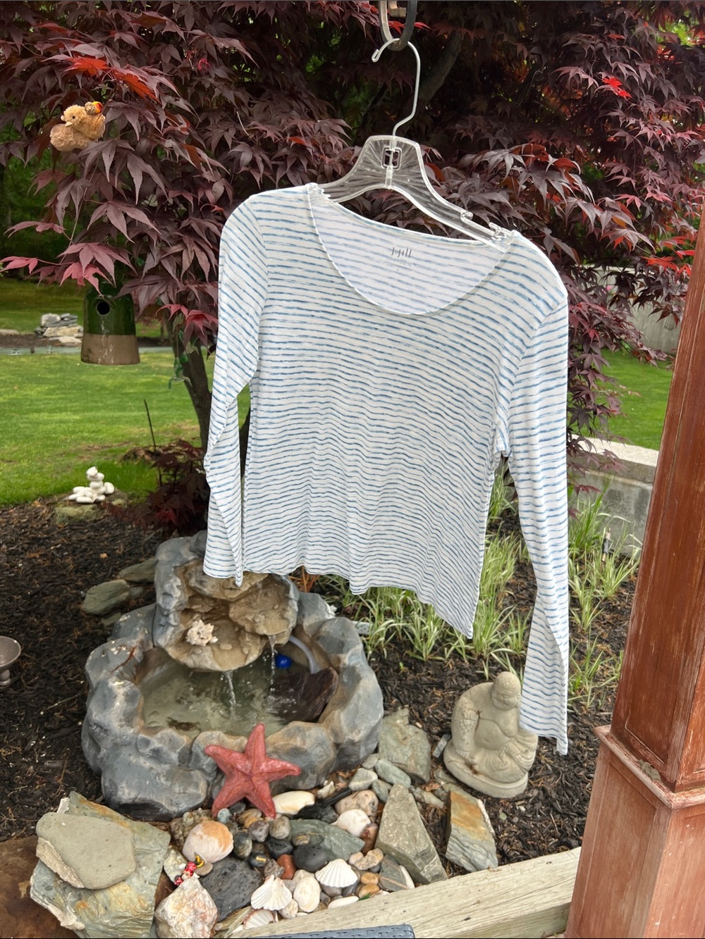 J. Jill White Long-Sleeve Top with Thin Blue Stripes